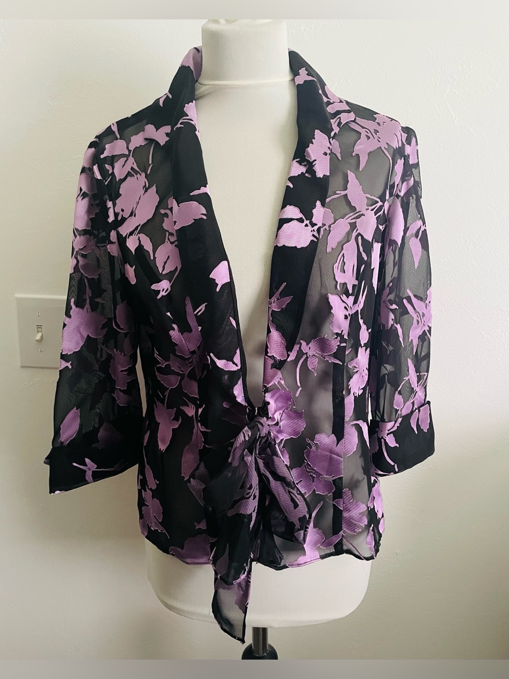 Vintage Alex Evenings Women Sheer Jacket LP Black Purple Floral Burnout Tie Gala